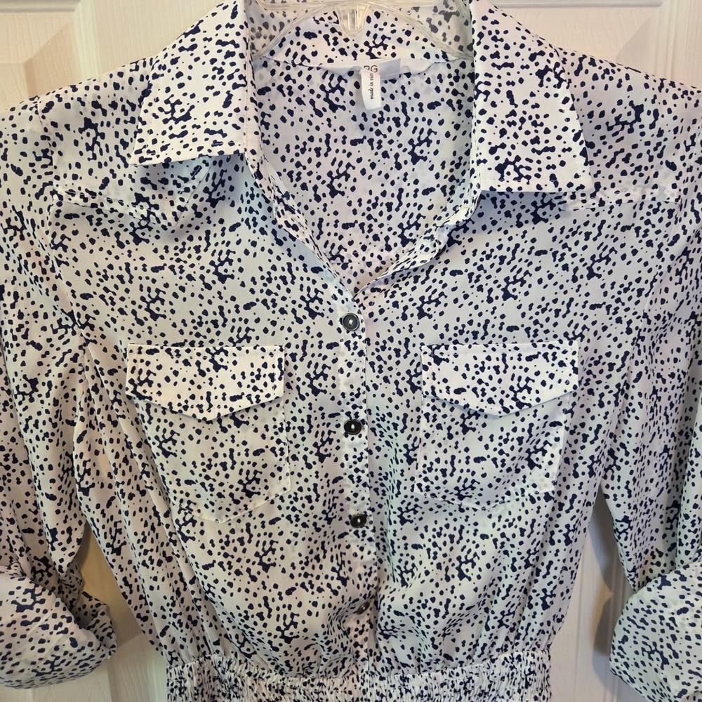 BCBGeneration Shirt Dress White Navy Dalmatian Print Pockets Size S - Picture 6 of 10